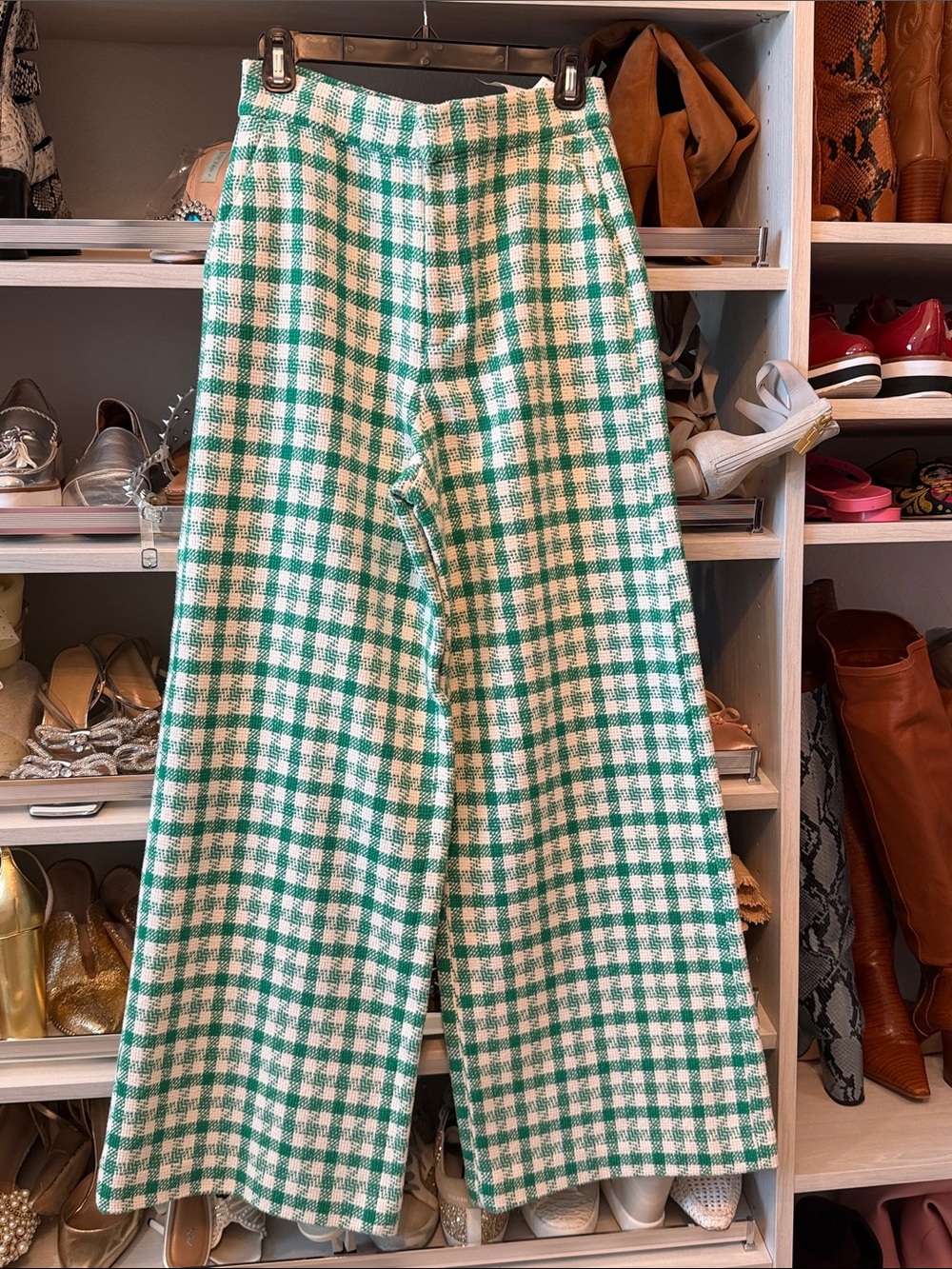 Zara Green and White Gingham Wide-Leg Pants